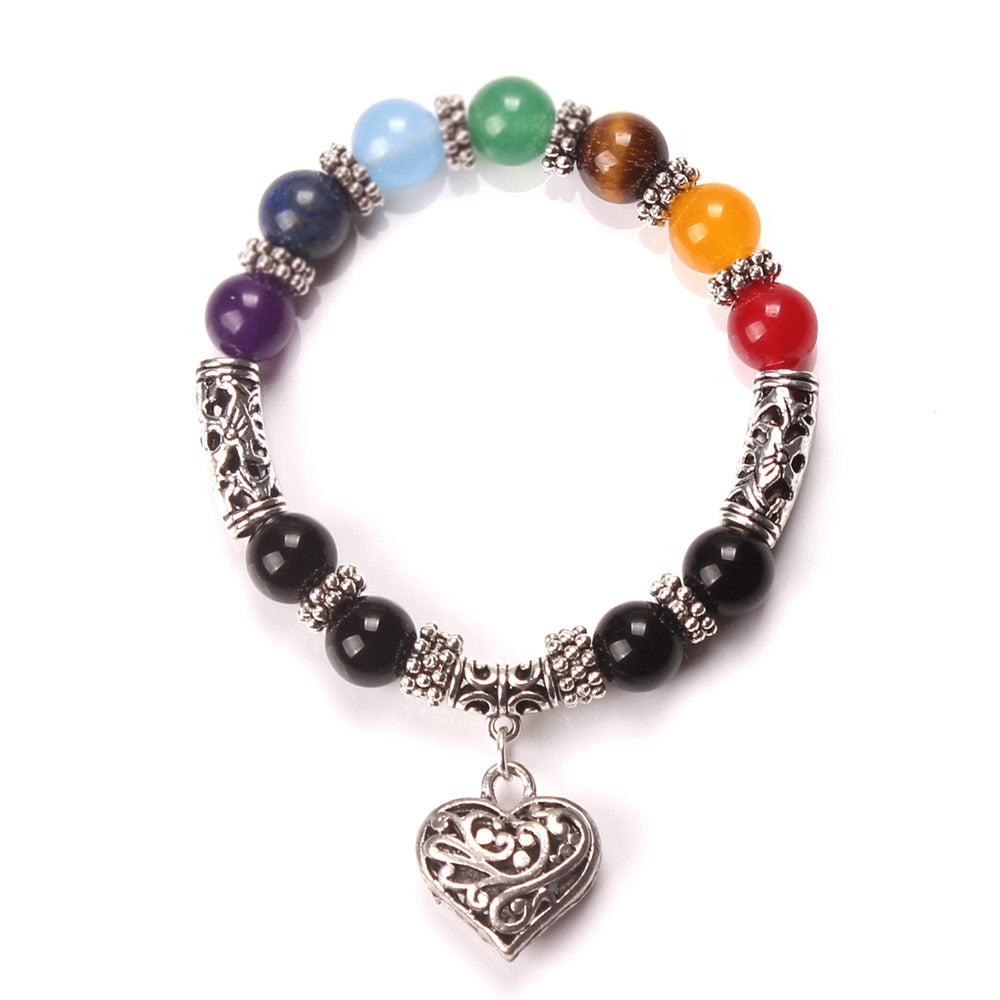 Unisex 7 Chakra/Tiger Eye Heart Charm Bracelet