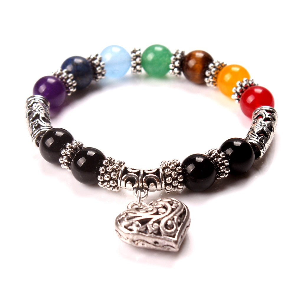 Unisex 7 Chakra/Tiger Eye Heart Charm Bracelet