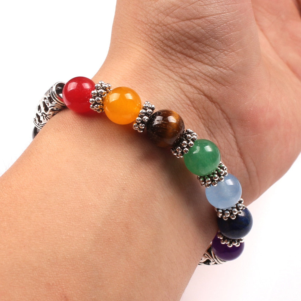 Unisex 7 Chakra/Tiger Eye Heart Charm Bracelet
