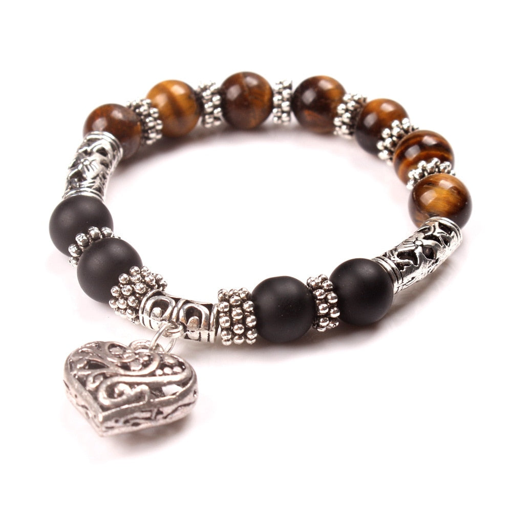 Unisex 7 Chakra/Tiger Eye Heart Charm Bracelet