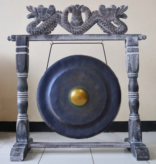 Large Healing Gong in Brown Antique Stand - 80cm - Black
