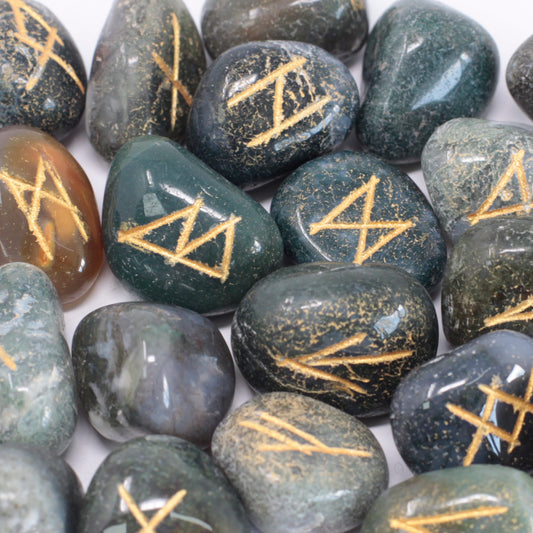 Rune Stone Set in Pouch - Moss Agate
