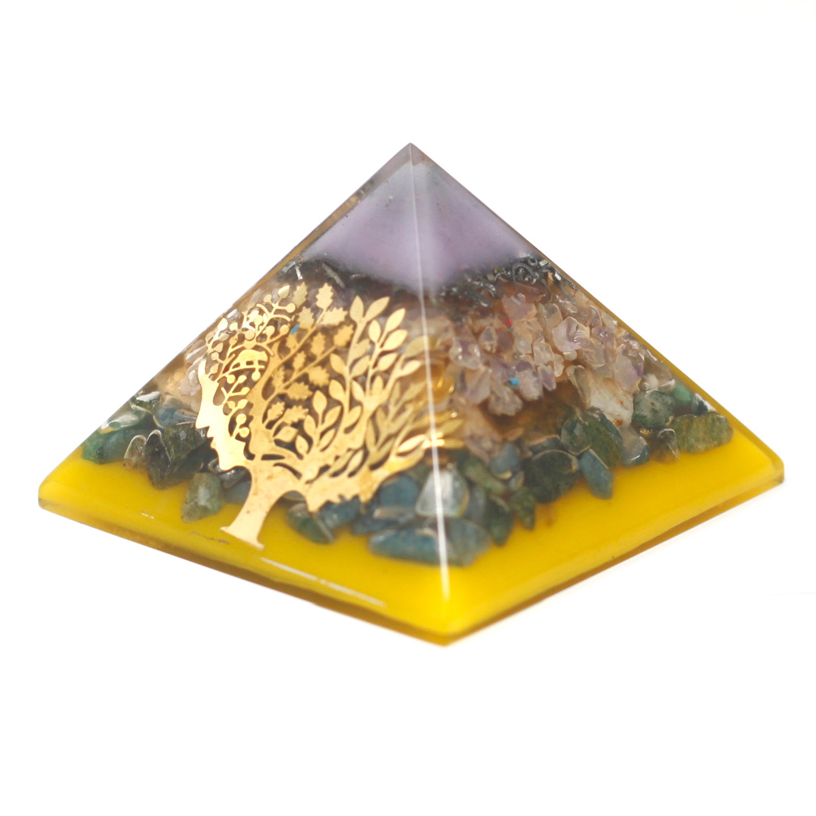 Orgonite Pyramid - Tree (gold base) - 70mm