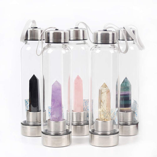 Natural Crystal Infusing Glass & Stainless Steel Water Bottle with Carry Strap