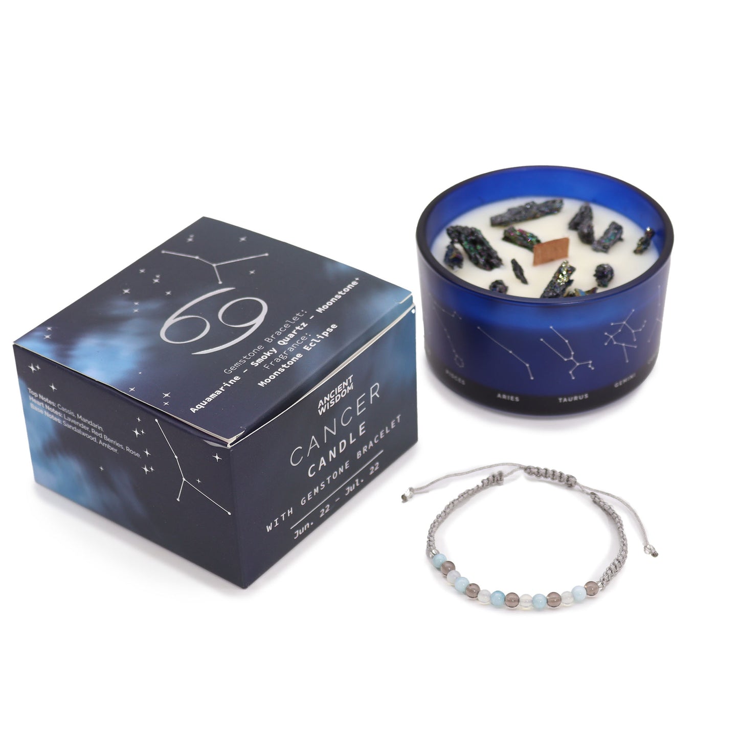 Zodiac Crystal Candle with Gemstone Bracelet - Cancer