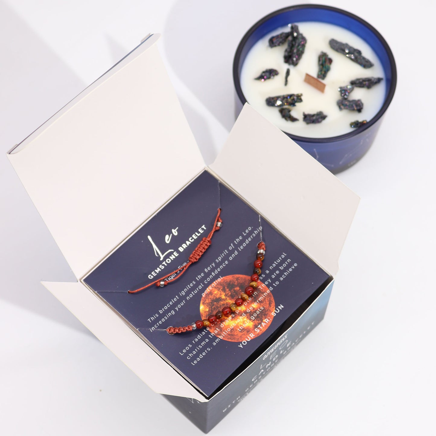 Zodiac Crystal Candle with Gemstone Bracelet - Leo