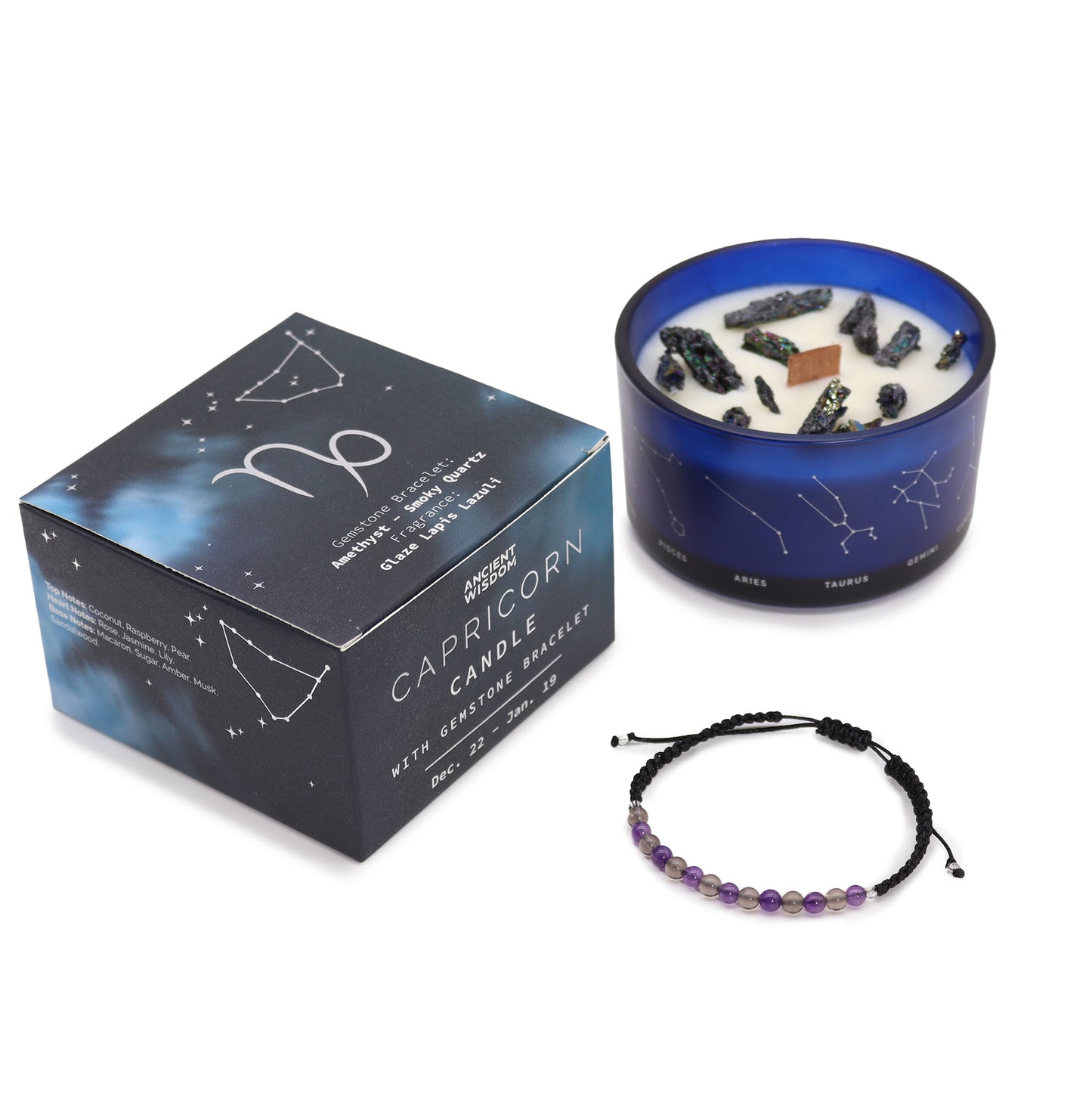 Zodiac Crystal Candle with Gemstone Bracelet - Capricorn