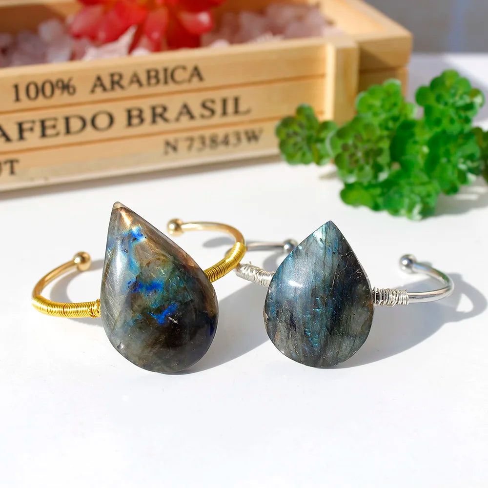 Natural Labradorite Crystal Droplet Bracelet - Gold or Silver Colour Bangle