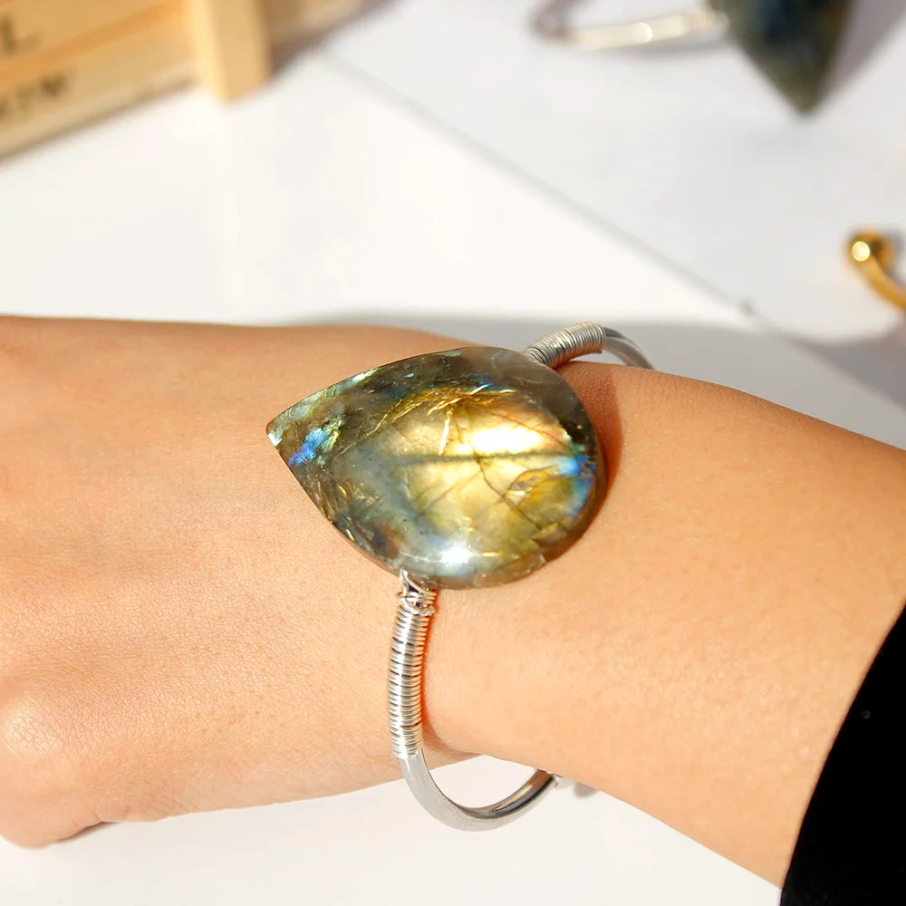 Natural Labradorite Crystal Droplet Bracelet - Gold or Silver Colour Bangle