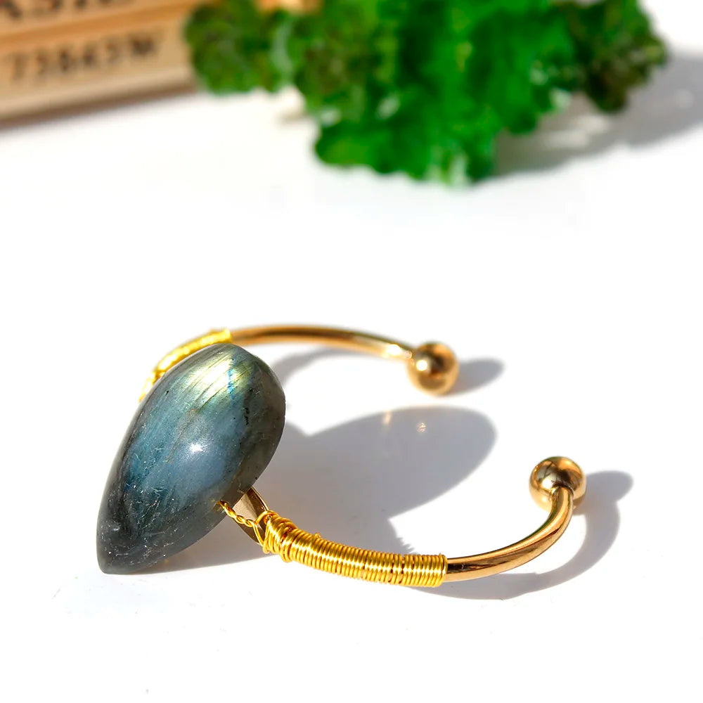 Natural Labradorite Crystal Droplet Bracelet - Gold or Silver Colour Bangle