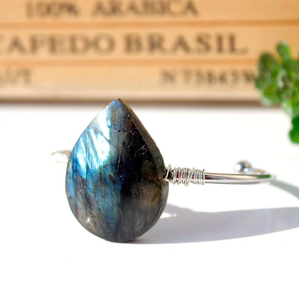 Natural Labradorite Crystal Droplet Bracelet - Gold or Silver Colour Bangle