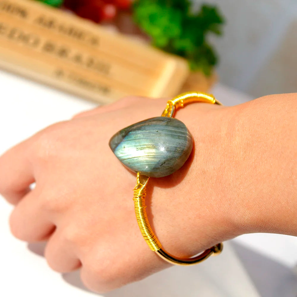 Natural Labradorite Crystal Droplet Bracelet - Gold or Silver Colour Bangle