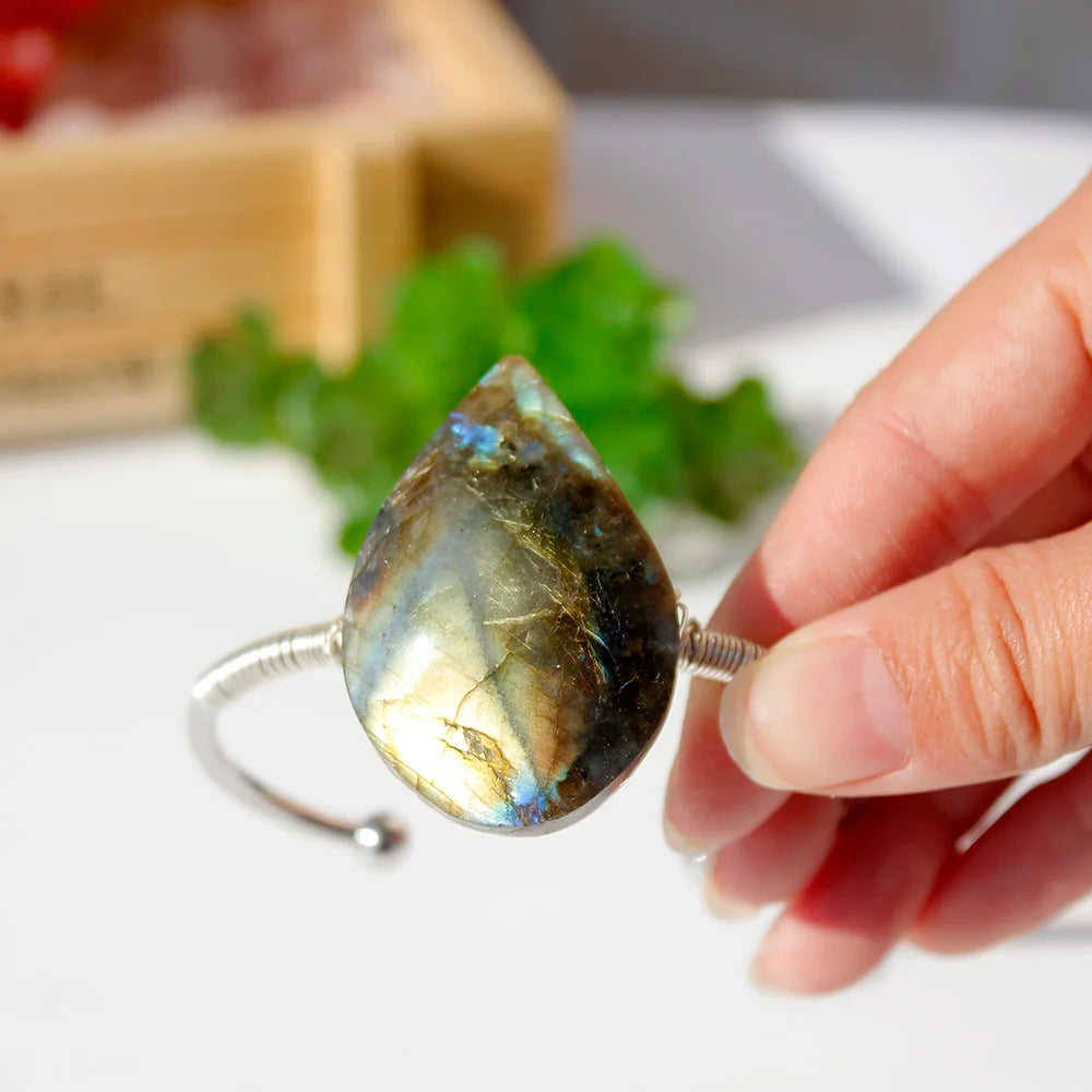 Natural Labradorite Crystal Droplet Bracelet - Gold or Silver Colour Bangle