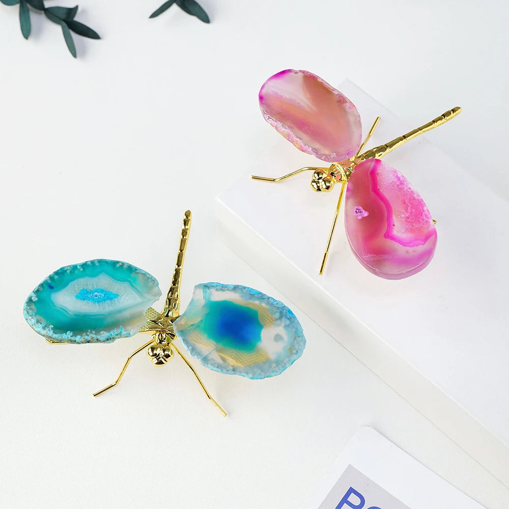 Colourful Natural Crystal Agate Slice and Brass Dragonfly Decoration