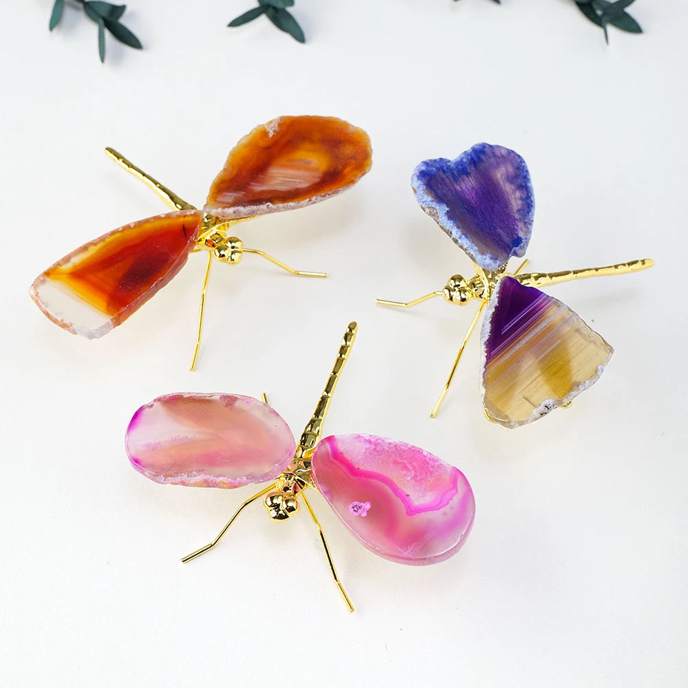 Colourful Natural Crystal Agate Slice and Brass Dragonfly Decoration