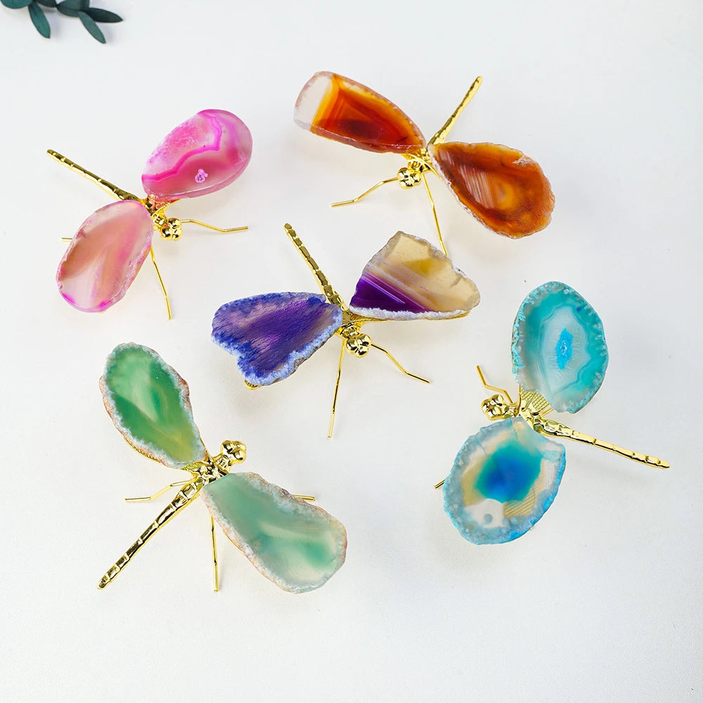 Colourful Natural Crystal Agate Slice and Brass Dragonfly Decoration