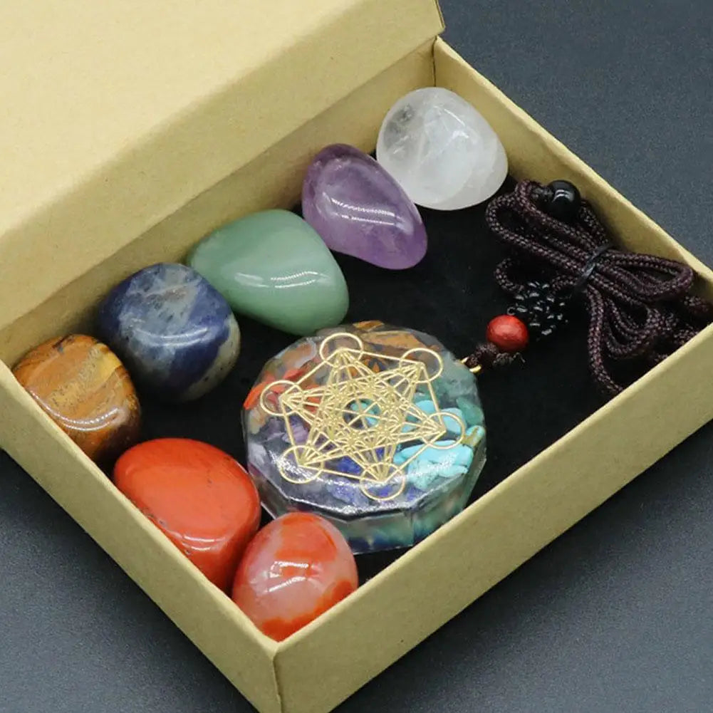 Natural Crystal Chakra Stones and Pendant Gift Set