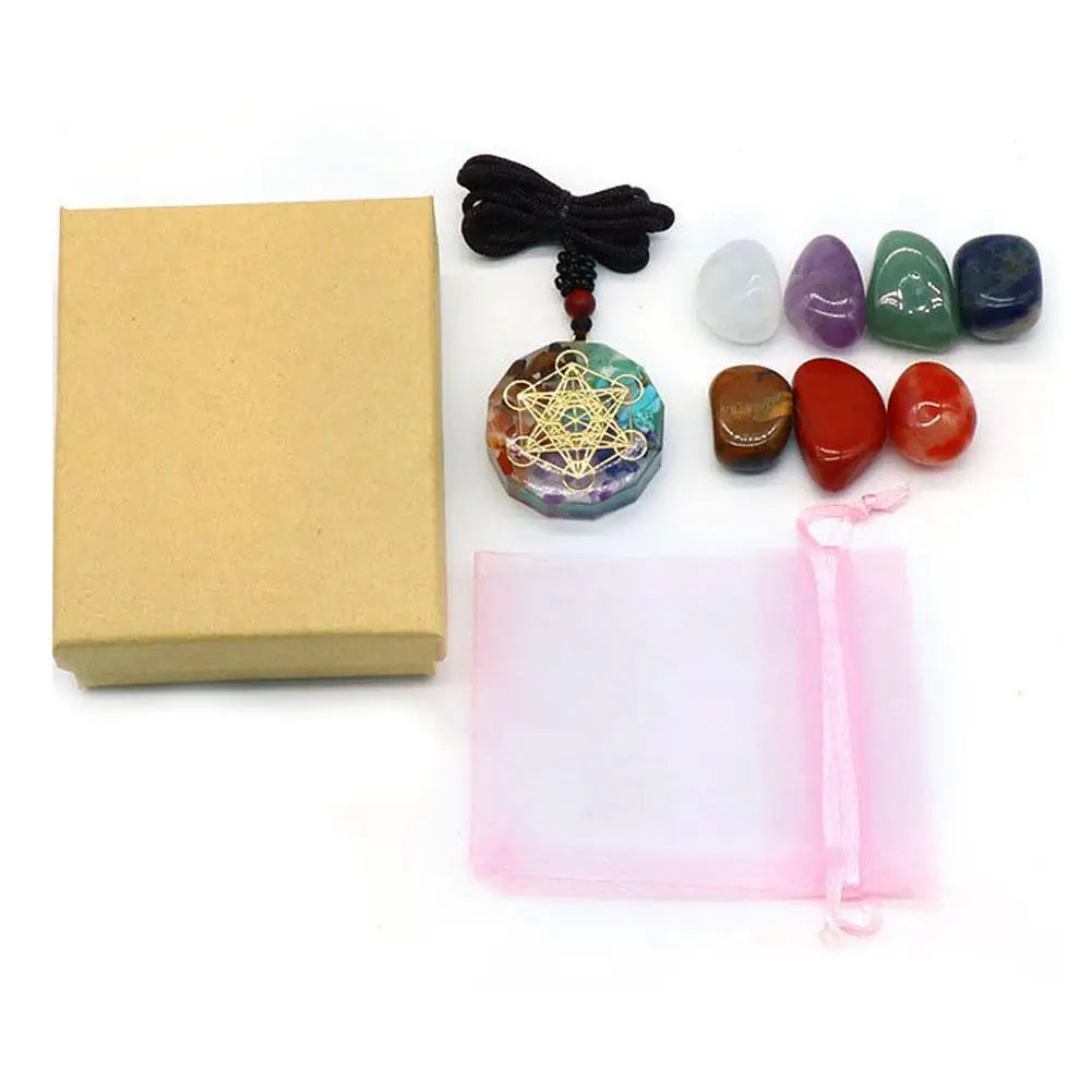 Natural Crystal Chakra Stones and Pendant Gift Set