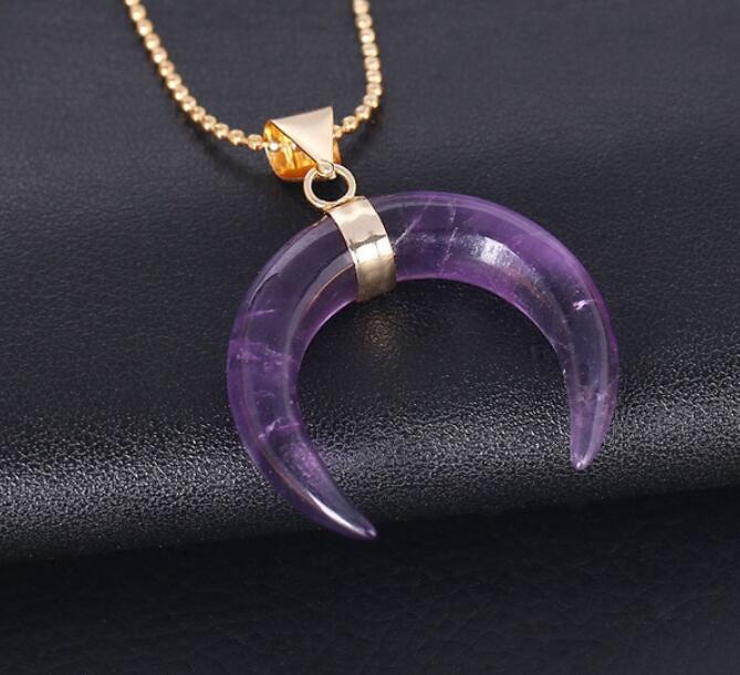 Natural Stone Crescent Moon Pendant Necklace