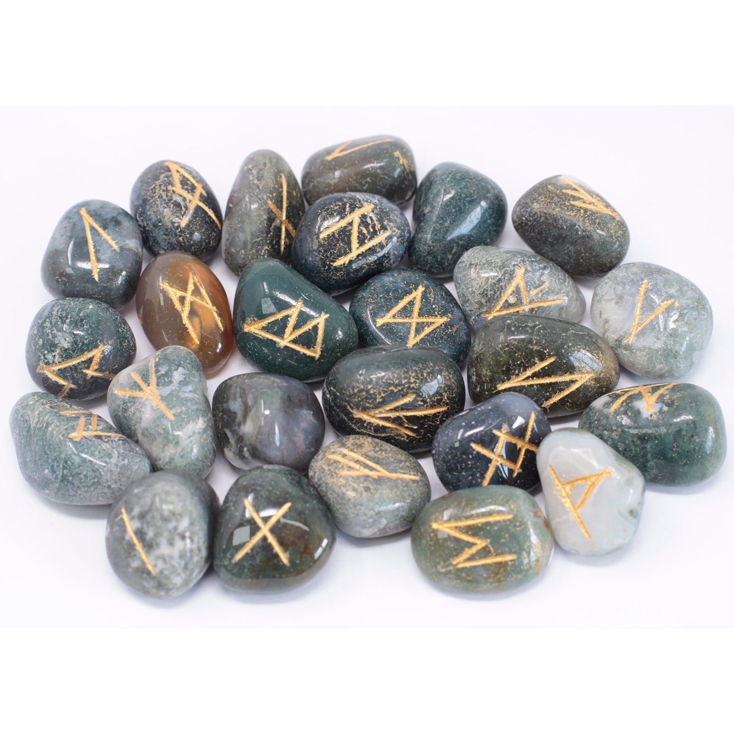 Rune Stone Set in Pouch - Moss Agate