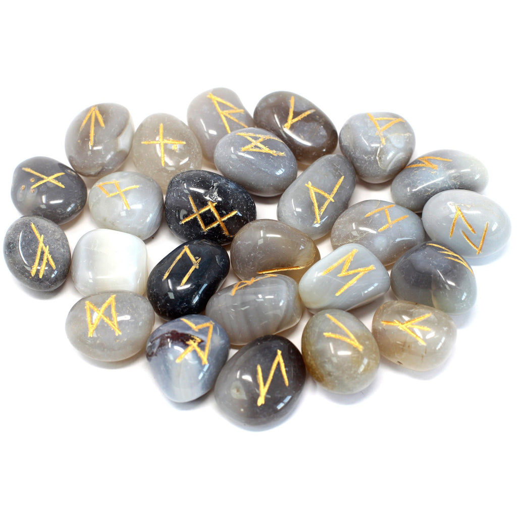 Rune Stone Set in Pouch - Grey Agate