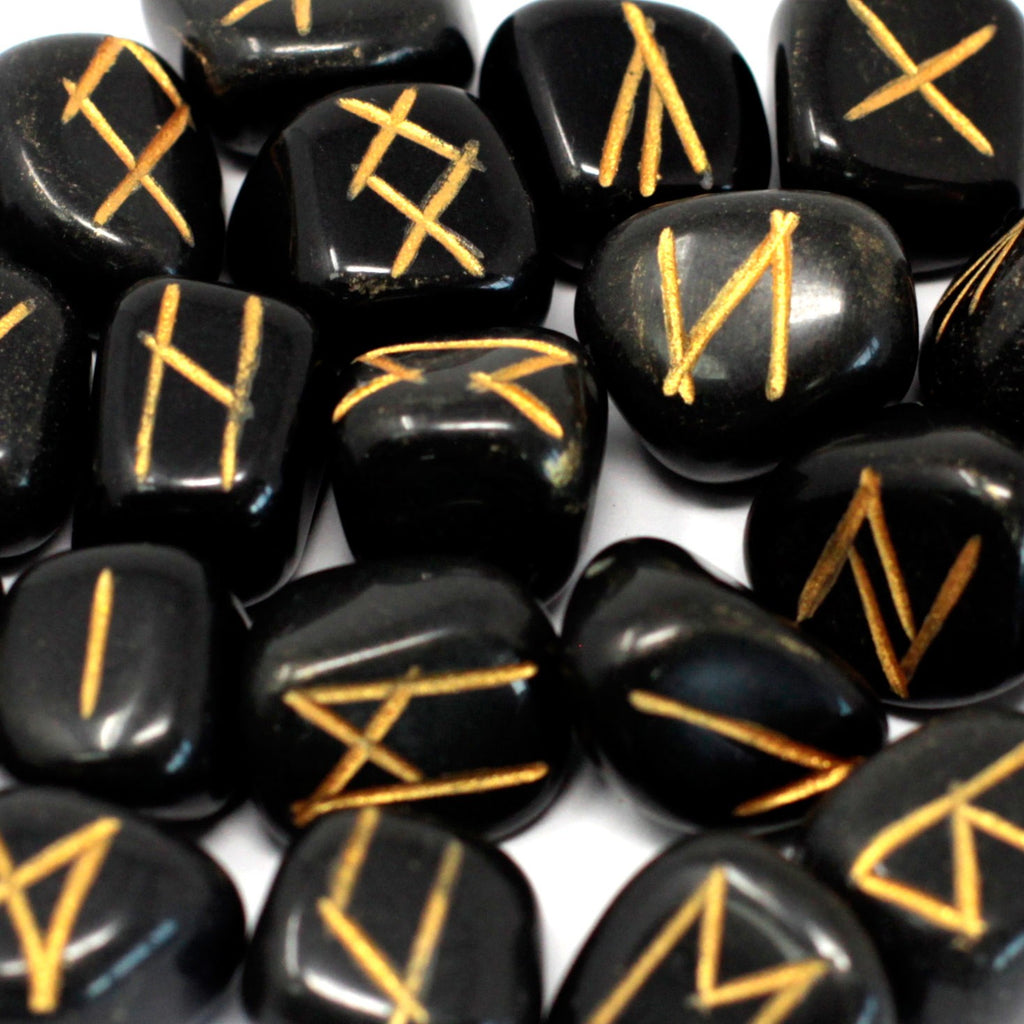 Rune Stone Set in Pouch - Black Agate