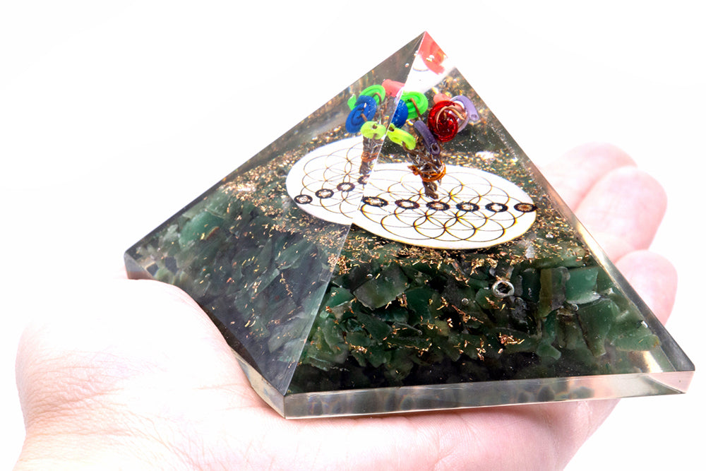 Orgonite Pyramid - Green Aventurine and Flower of Life - 70 mm