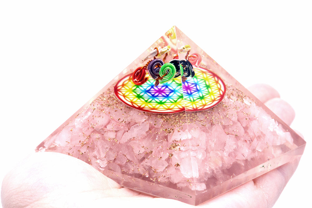 Orgonite Pyramid -  Rose Quartz Rainbow Flower of Life - 70 mm