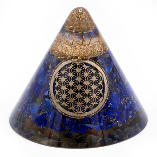 Orgonite Cone - Lapis Flower of Life - Suspended Quartz - 90 mm