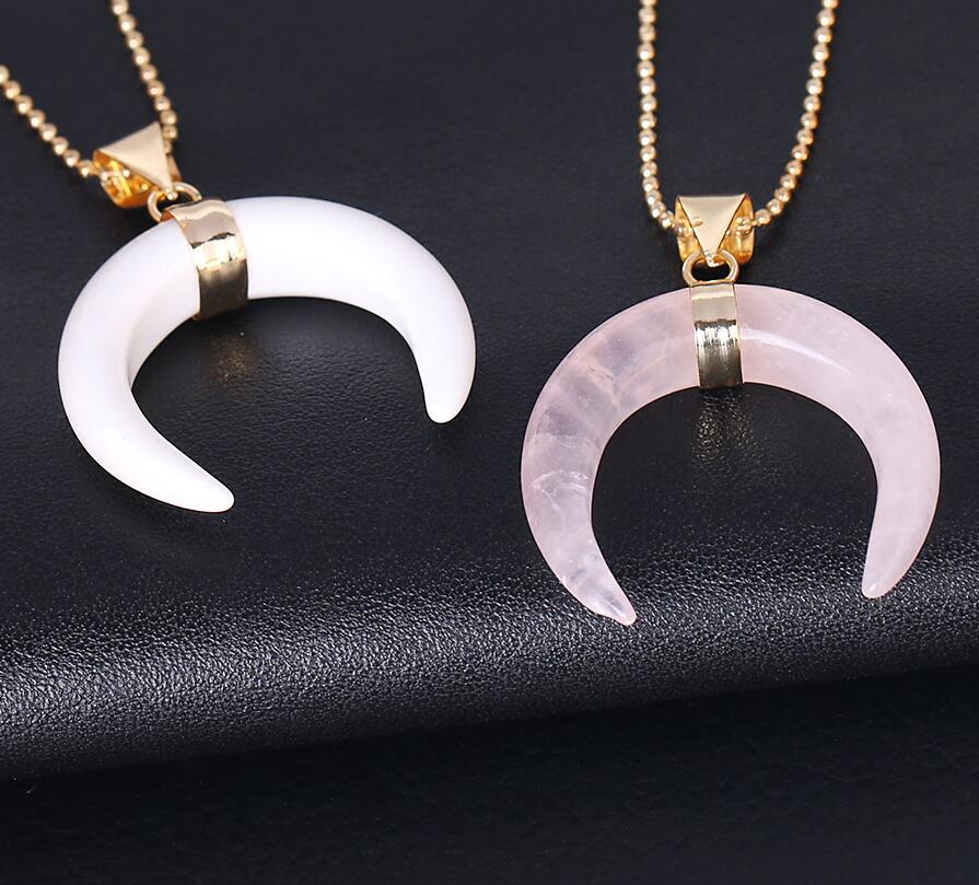 Natural Stone Crescent Moon Pendant Necklace