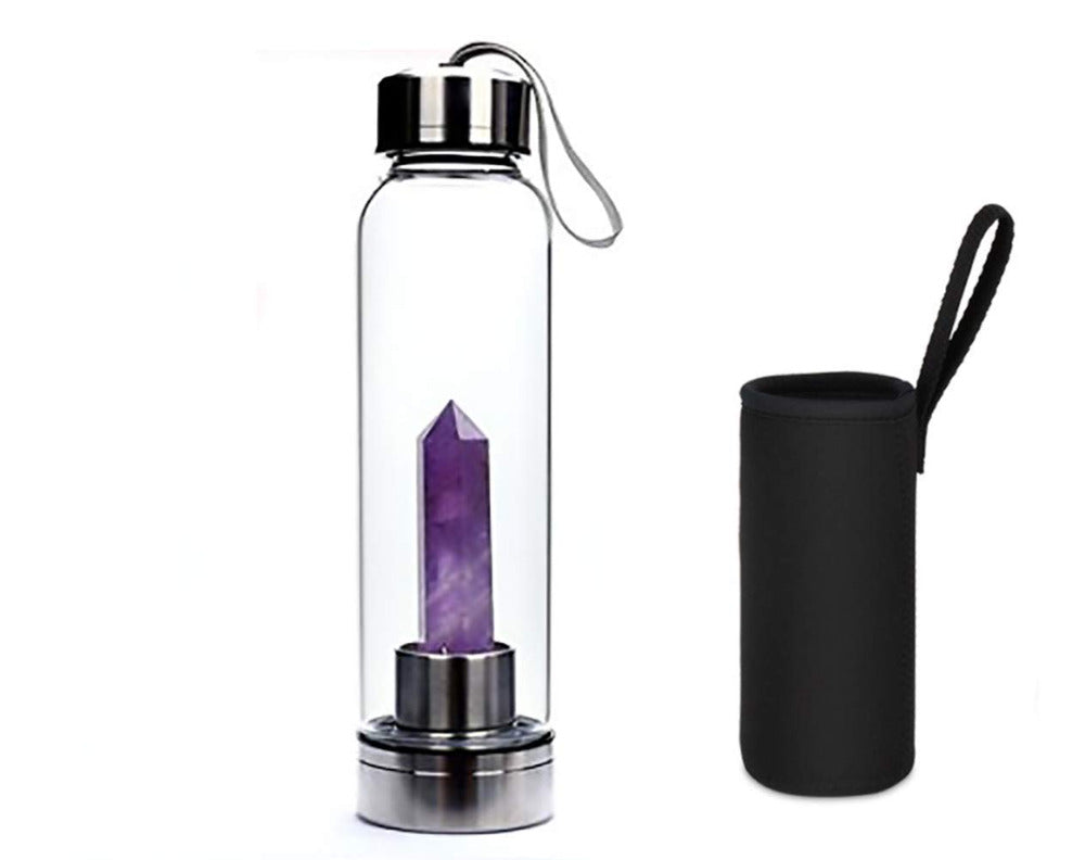 Natural Crystal Infusing Glass & Stainless Steel Water Bottle with Carry Strap