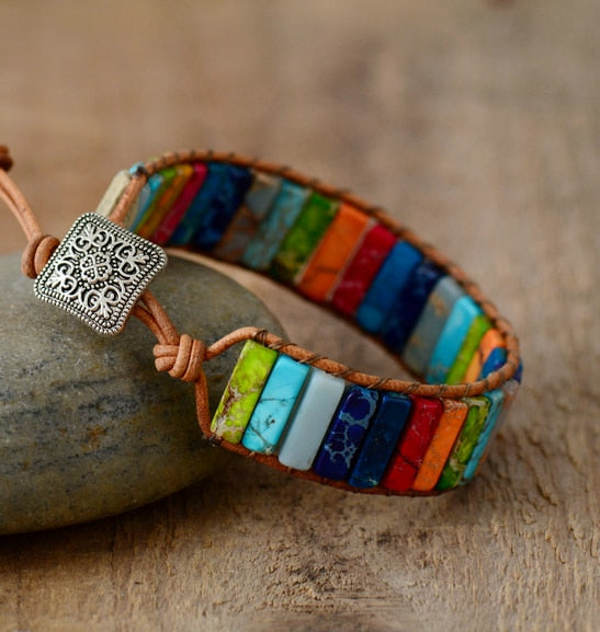 Natural Jasper and Leather Handmade Chakra Bracelet