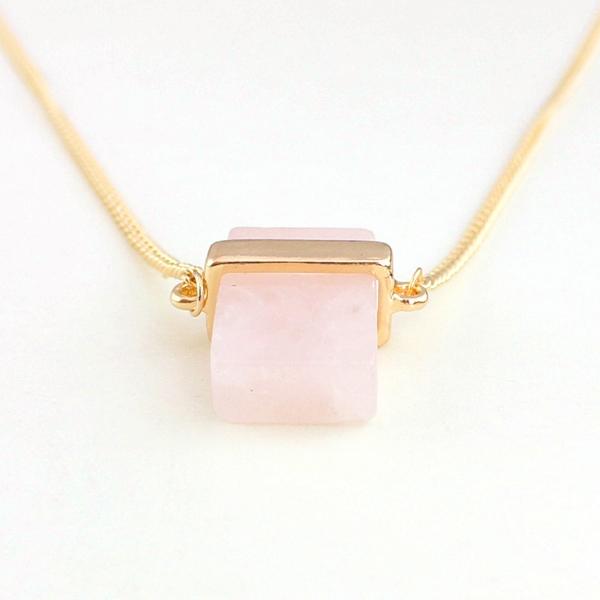 Rose Quartz Square Pendant Necklace