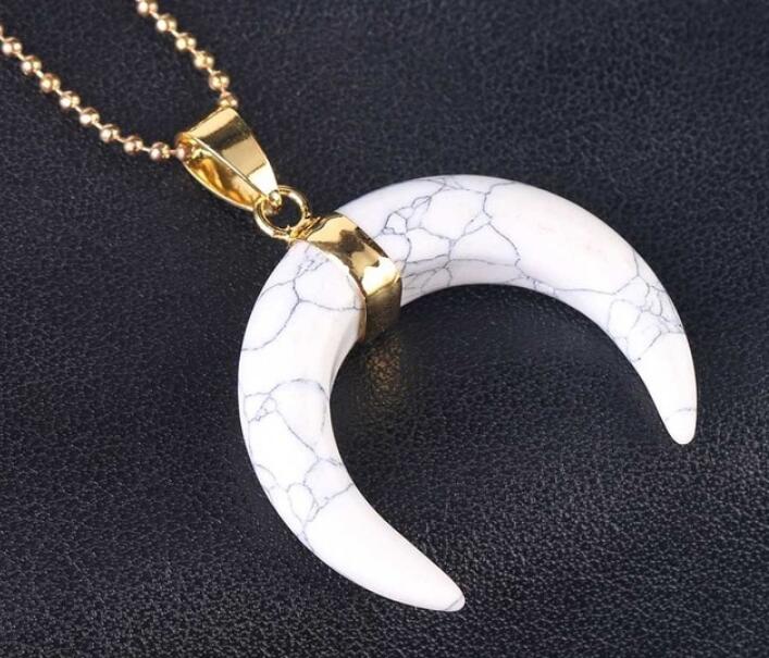 Natural Stone Crescent Moon Pendant Necklace