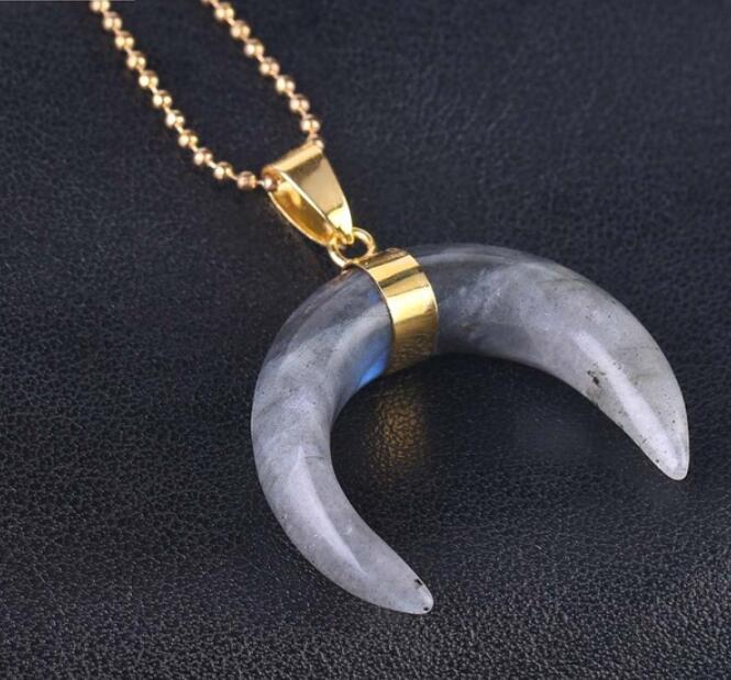 Natural Stone Crescent Moon Pendant Necklace