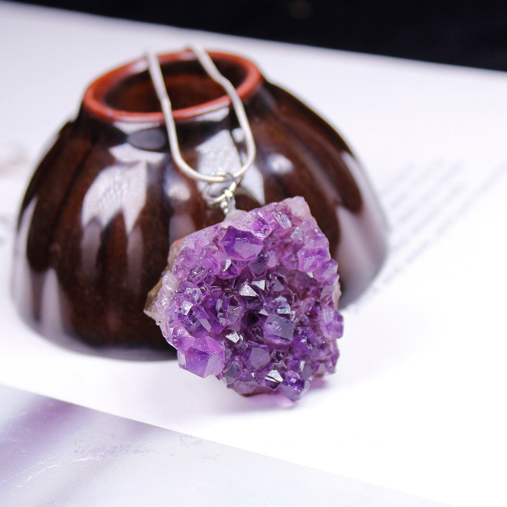 Raw Amethyst Crystal Cluster Pendant Necklace