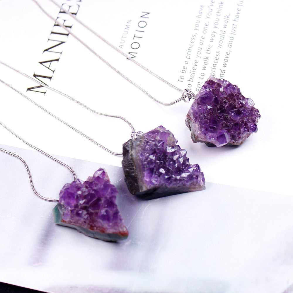 Raw Amethyst Crystal Cluster Pendant Necklace