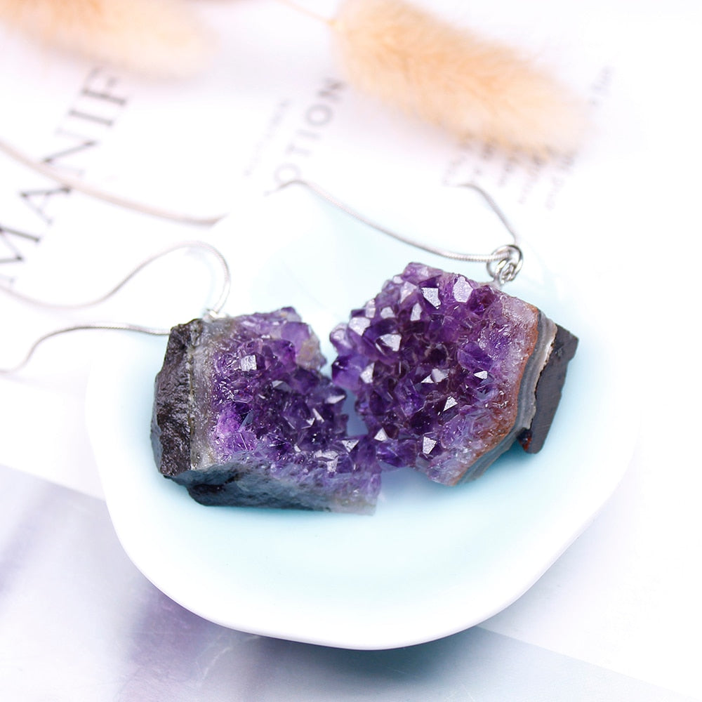 Raw Amethyst Crystal Cluster Pendant Necklace