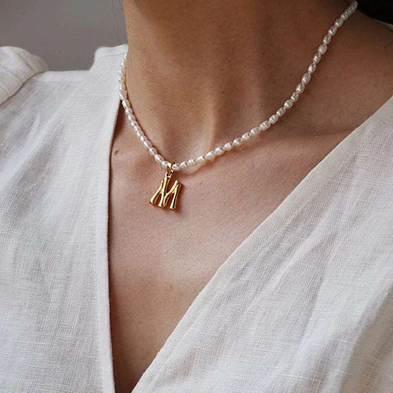 Dainty Natural Freshwater Seed Pearl Choker with Letter Pendant