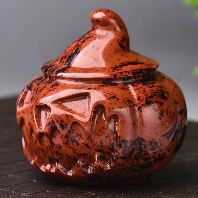 Carved Red Obsidian Witch Pumpkin Figurine