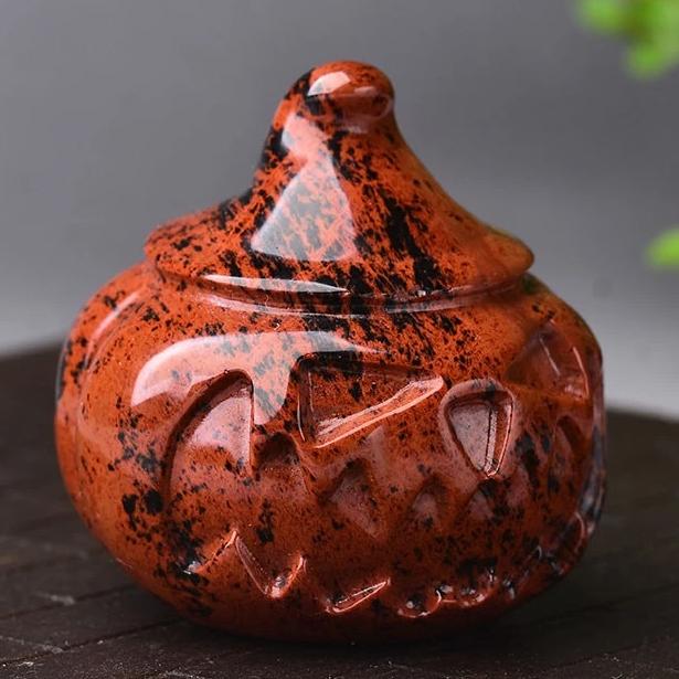 Carved Red Obsidian Witch Pumpkin Figurine