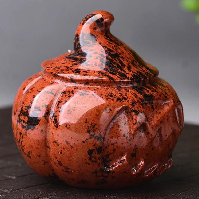 Carved Red Obsidian Witch Pumpkin Figurine