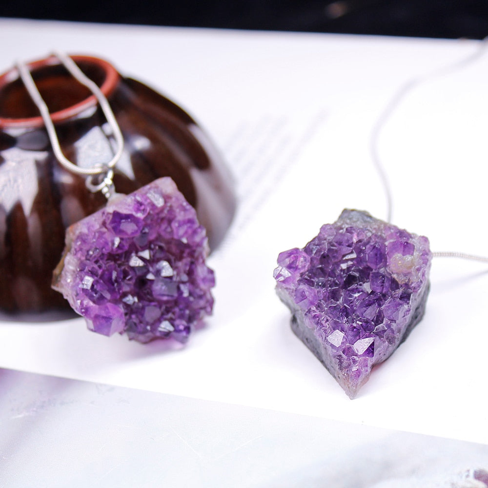 Raw Amethyst Crystal Cluster Pendant Necklace